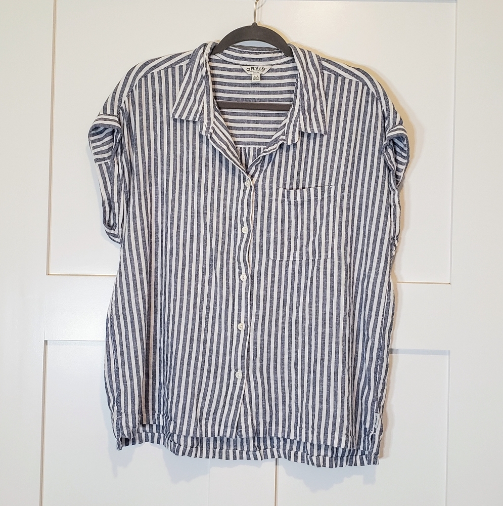 Orvis Linen & Rayon Button Down Short Sleeve Shirt Vertical Striped Size Large